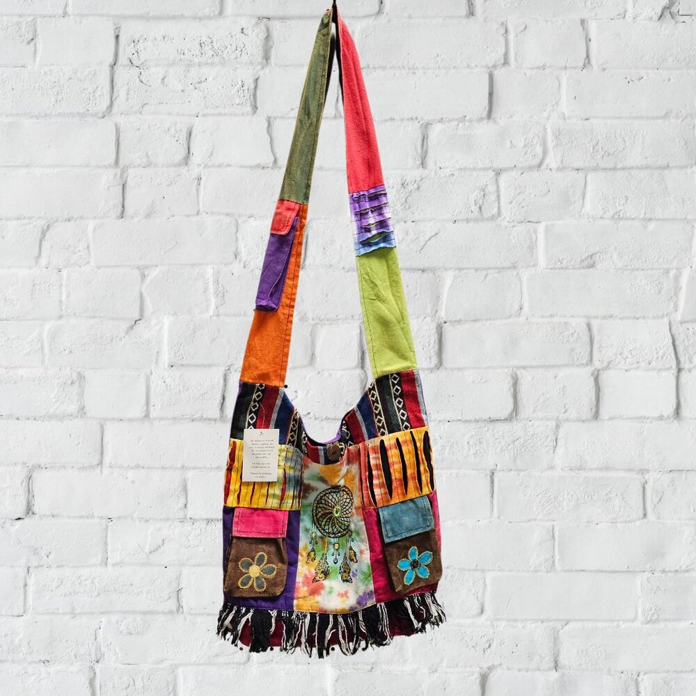 Patchwork Dream Catcher Hobo Bag Tie-Dye Bohemian Hippie Colorful Cotton Boho